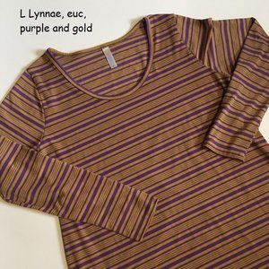 L Lularoe Lynnae top, purple gold stripes